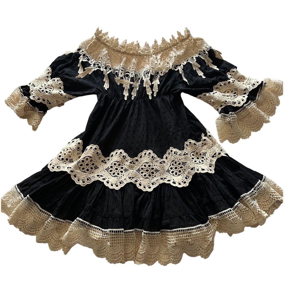 Antica Sartoria Giacomo Cinque Black Lace Off Shoulder Ruffle Dress One Size